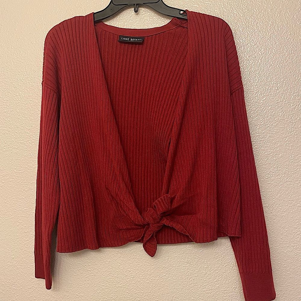 Lane Bryant knit burgundy red ribbed open tie front cardigan plus sweater 14/16